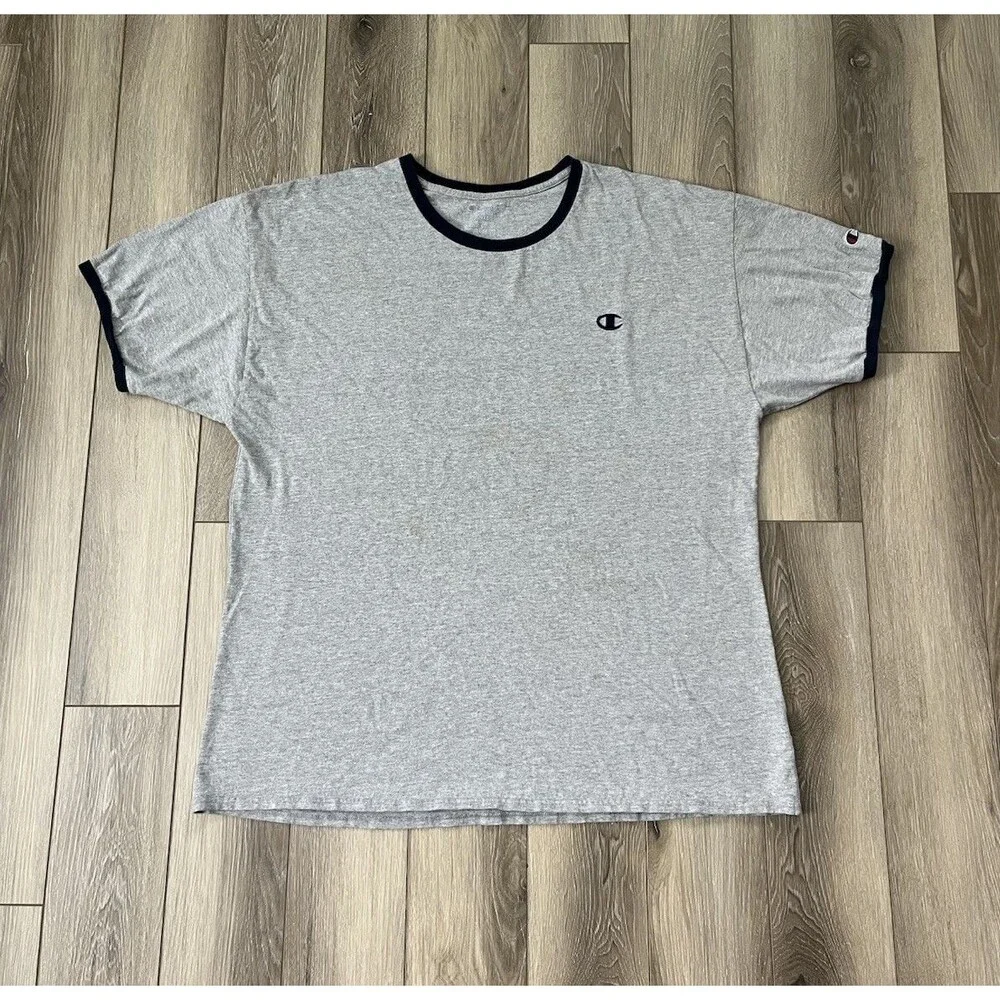 Champion Gray/Navy Collar Men's Short Sleeve Cotton Tee Regular Sz 2XL - Picture 1 of 9